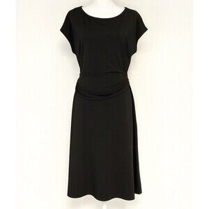 Ann Taylor Black Midi Dress S Lined Ruched Waist Stretch Cap Sleeve Classic Chic